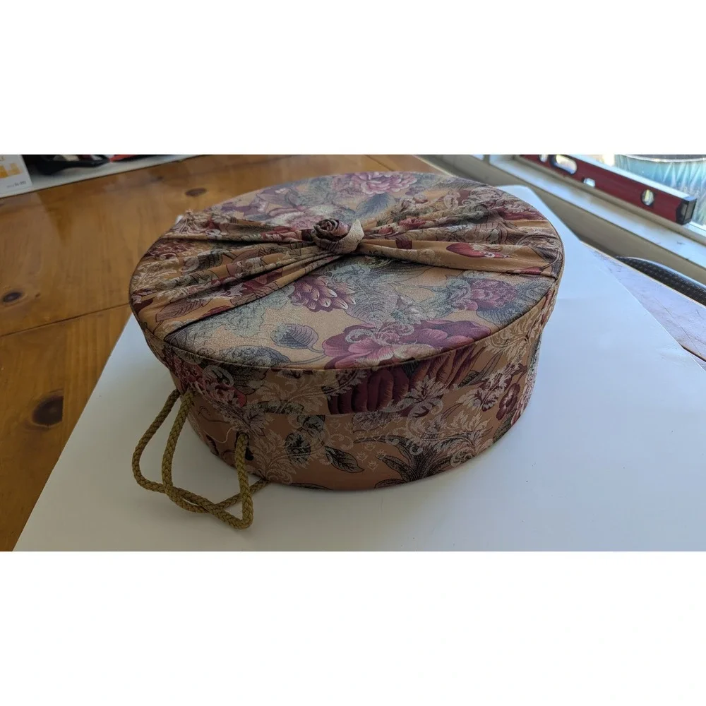 Raymond Waites Once Upon a Rose Floral Tapestry Round Storage Hat Box Gold Cord